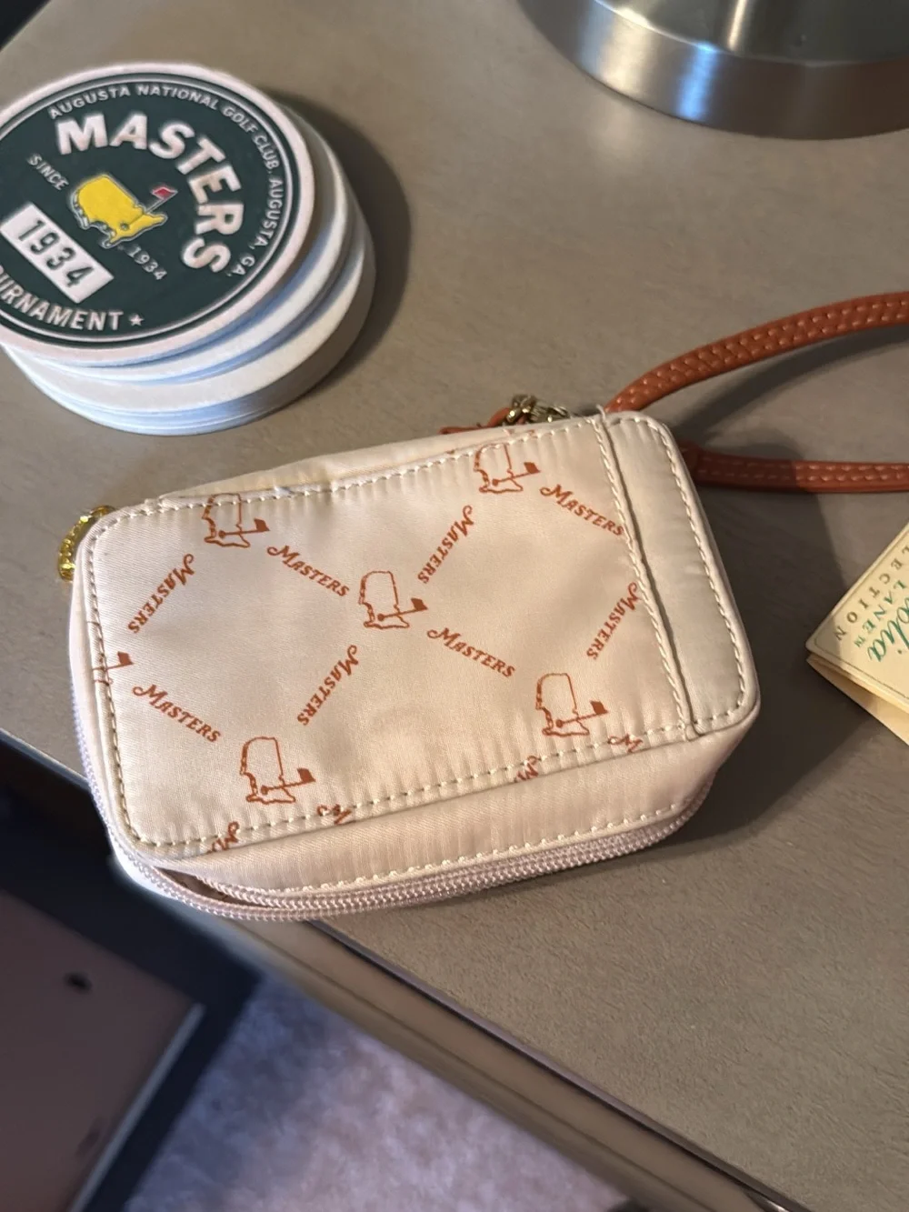 Masters Cream Wristlet with Tan Logo Print and Strap - Small Zip Pouch